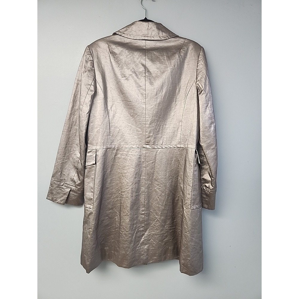 Vtg Trina Turk Women's Sz 10 Silver Clip Closure Pearlized Linen Trench Raincoat - Picture 3 of 8